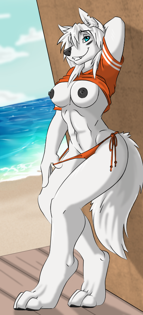 abs anthro beach bikini_thong black_nipples blue_eyes breasts clothed clothing clothing_lift clothing_pull detailed_background female fur midriff navel nipples notched_ear outside sand sea seaside shirt shirt_lift sky smile solo swimwear swimwear_pull topwear water white_body white_fur rinkai cleo_(yutrah) canid canine canis mammal wolf 2015