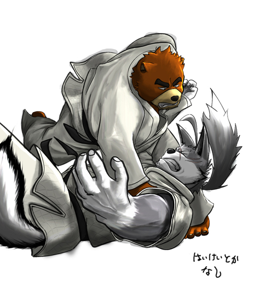 anthro brown_body brown_fur clothing countershade_face countershade_snout countershading duo fight fur grey_body grey_fur keikogi male martial_arts_uniform simple_background snout sportswear tan_body tan_countershading tan_fur text white_background white_body white_clothing white_countershading white_fur poge_jirushi morenatsu juuichi_mikazuki ten_kodori bear canid canine canis mammal wolf 2013 colored japanese_text