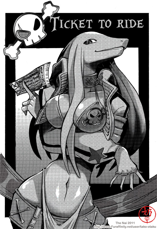 anthro bikini bone breasts cleavage clothed clothing collar female jacket midriff navel pose skimpy skull solo star swimwear ticket topwear two-piece_swimsuit nai-chan final_fantasy square_enix bangaa comic cover cover_art cover_page greyscale monochrome