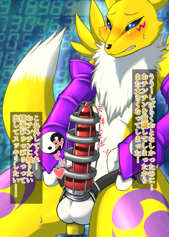 animal_genitalia animal_penis anthro balls begging blush canine_genitalia canine_penis censored_genitalia censored_penis chastity_cage chastity_device desperation fur genitals knot male naive penis solo text yellow_body yellow_fur fid bandai_namco digimon canid canine digimon_(species) mammal renamon censored japanese_text translated