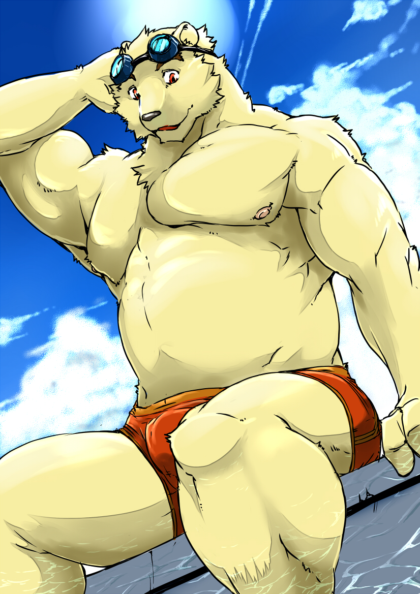 anthro bulge clothing fur humanoid_hands kemono male musclegut muscular nipples outside sitting solo swimwear water white_body white_fur shunkiba_(artist) suruga bear mammal 2015