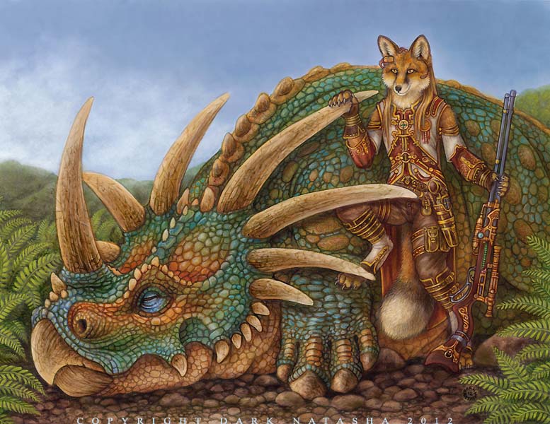 amber_eyes anthro clothing cloud duo electronics eyes_closed feral fern futuristic gun headgear headphones headset horn hunter male outside plant quadruped ranged_weapon rifle size_difference sky tail time_travel weapon dark_natasha canid canine ceratopsian dinosaur fox mammal ornithischian prehistoric_species reptile scalie styracosaurus 2012 signature