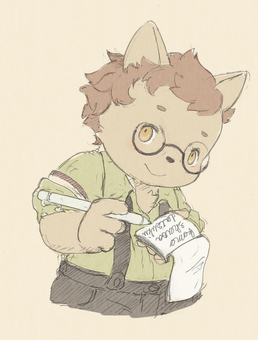 anthro brown_body brown_fur brown_hair eyewear fur glasses hair male notebook pen slightly_chubby smile solo suspenders writing_on_paper young young_anthro young_male munieru cyberconnect2 fuga:_melodies_of_steel little_tail_bronx socks_million canid canine caninu canis domestic_dog hunting_dog mammal terrier 2022