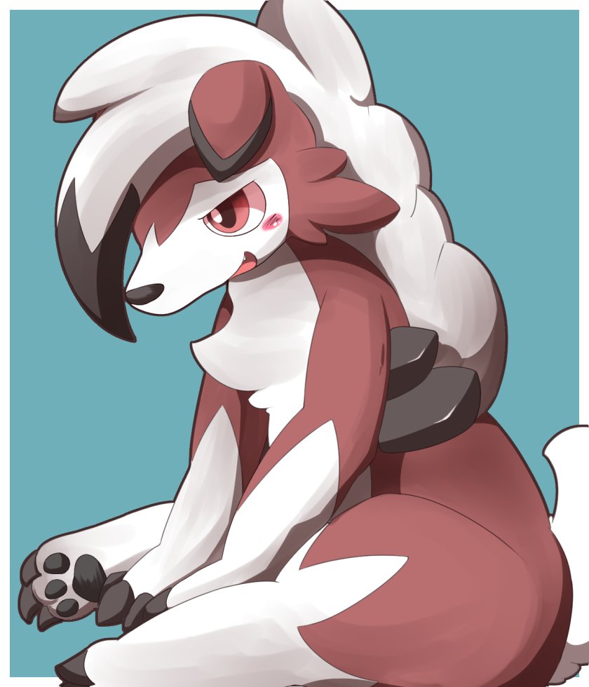 ambiguous_gender blue_background blush feral red_eyes simple_background solo itameshi nintendo pokemon canid canine generation_7_pokemon lycanroc mammal midnight_lycanroc pokemon_(species) werecreature