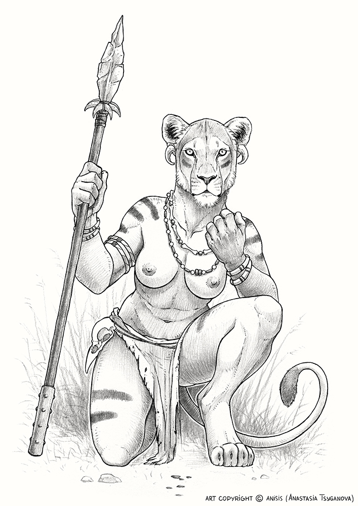 anthro bone bottomwear bracelet clothing ear_piercing female gauged_ear holding_object holding_weapon jewelry loincloth looking_at_viewer melee_weapon piercing polearm skull solo spear tribal weapon anisis felid lion mammal pantherine 2018 traditional_media_(artwork)