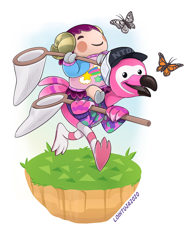 anthro clothing duo female hat headgear headwear holding_net net pink_body purple_body riding riding_on_back sweater topwear loihtuja animal_crossing nintendo flora_(animal_crossing) stella_(animal_crossing) arthropod avian bird bovid butterfly caprine flamingo insect lepidopteran mammal sheep 2020 artist_name digital_drawing_(artwork) digital_media_(artwork)