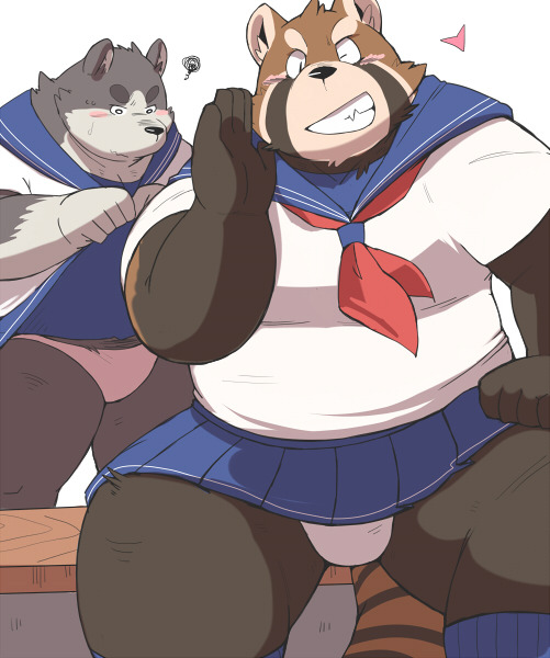 anthro belly black_nose blush bottomwear bulge cheek_tuft clothed clothing crossdressing duo facial_tuft fur heart_symbol humanoid_hands kemono looking_at_viewer male one_eye_closed overweight overweight_male school_uniform skirt smile teeth thick_thighs tuft underwear uniform wink ayame42612 ailurid canid canine mammal red_panda 2014 digital_media_(artwork)