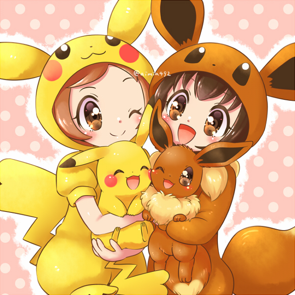 blush brown_body brown_eyes brown_fur brown_hair cheek_to_cheek clothing female feral fur group hair happy holding_another kigurumi male onesie pattern_background simple_background yellow_body yellow_fur young aimia492 nintendo pokemon poke_kid eevee generation_1_pokemon human mammal pikachu pokemon_(species) 1:1