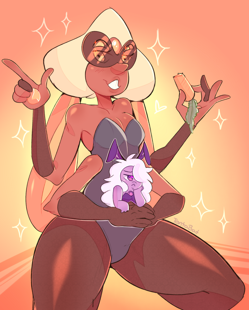 4_arms blush breasts bunny_costume carrot clothed clothing costume duo eyewear female food hair larger_female lingerie macro micro multi_arm multi_limb not_furry plant size_difference smaller_female solo_focus sunglasses teddy_(clothing) vegetable white_hair tentabat cartoon_network steven_universe amethyst_(steven_universe) sardonyx_(steven_universe) alien alien_humanoid amethyst_(gem_species) gem_(species) gem_fusion humanoid quartz_(gem_species) digital_media_(artwork)