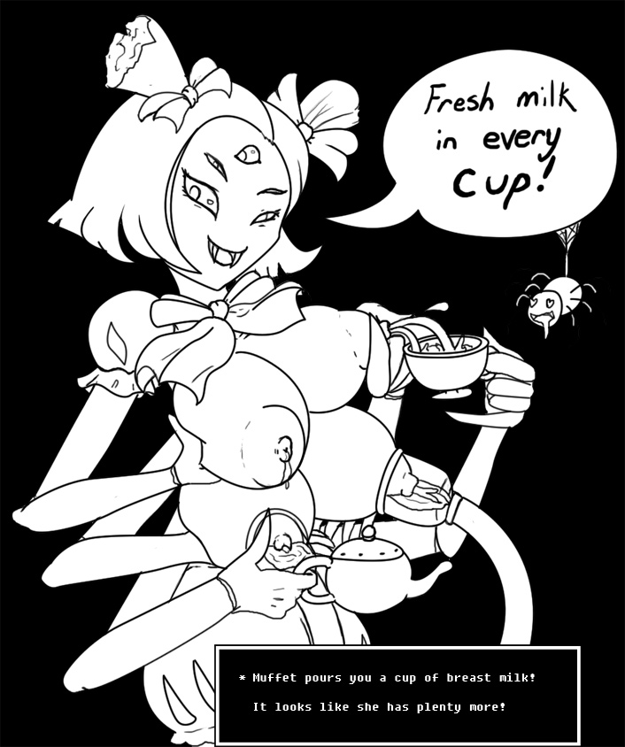 areola beverage big_areola big_breasts big_nipples black_background bodily_fluids breast_milking breasts container cup duo female food huge_areola huge_nipples lactating milk multi_breast multi_eye nipples pigtails puffy_areola puffy_nipples simple_background tea_cup text jim_sugomi undertale undertale_(series) muffet animal_humanoid arachnid arachnid_humanoid arthropod arthropod_humanoid humanoid spider spider_humanoid black_and_white english_text monochrome