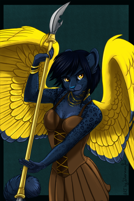 anthro black_hair blue_body blue_fur blue_nose breasts clothed clothing feathered_wings feathers female fur hair holding_object holding_weapon smile solo weapon wings yellow_body yellow_eyes yellow_feathers silvermoonfox felid leopard mammal pantherine