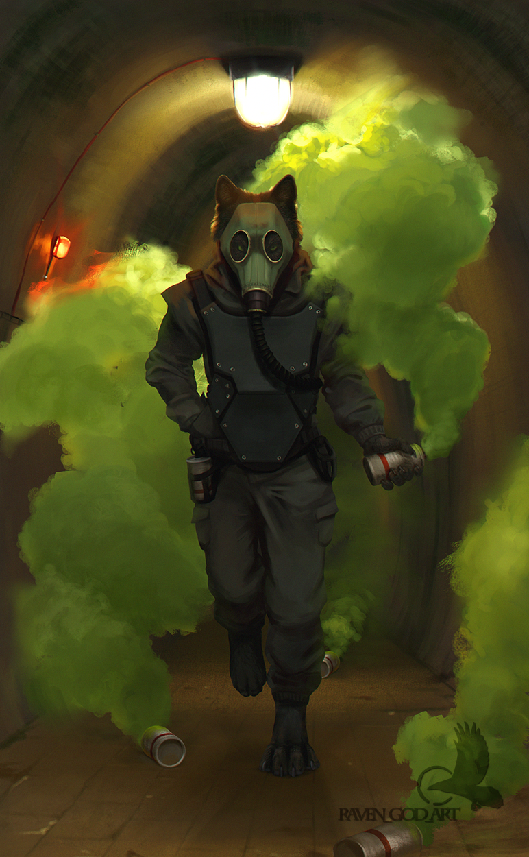 anthro barefoot biped clothed clothing feet gas gas_mask green_eyes male mask shelter solo underground hedax mythology canid canine canis mammal mythological_canine mythological_creature werecanid werecanine werecreature werewolf wolf 2020 hi_res