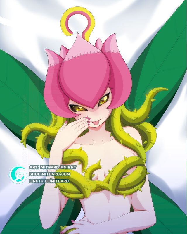 breasts female flower leaf leaf_wings plant rose_(flower) solo unusual_anatomy unusual_wings vines wings yellow_eyes mitgard-knight bandai_namco digimon digimon_(species) elemental_creature elemental_humanoid fairy flora_fauna humanoid lillymon plant_humanoid 4:5