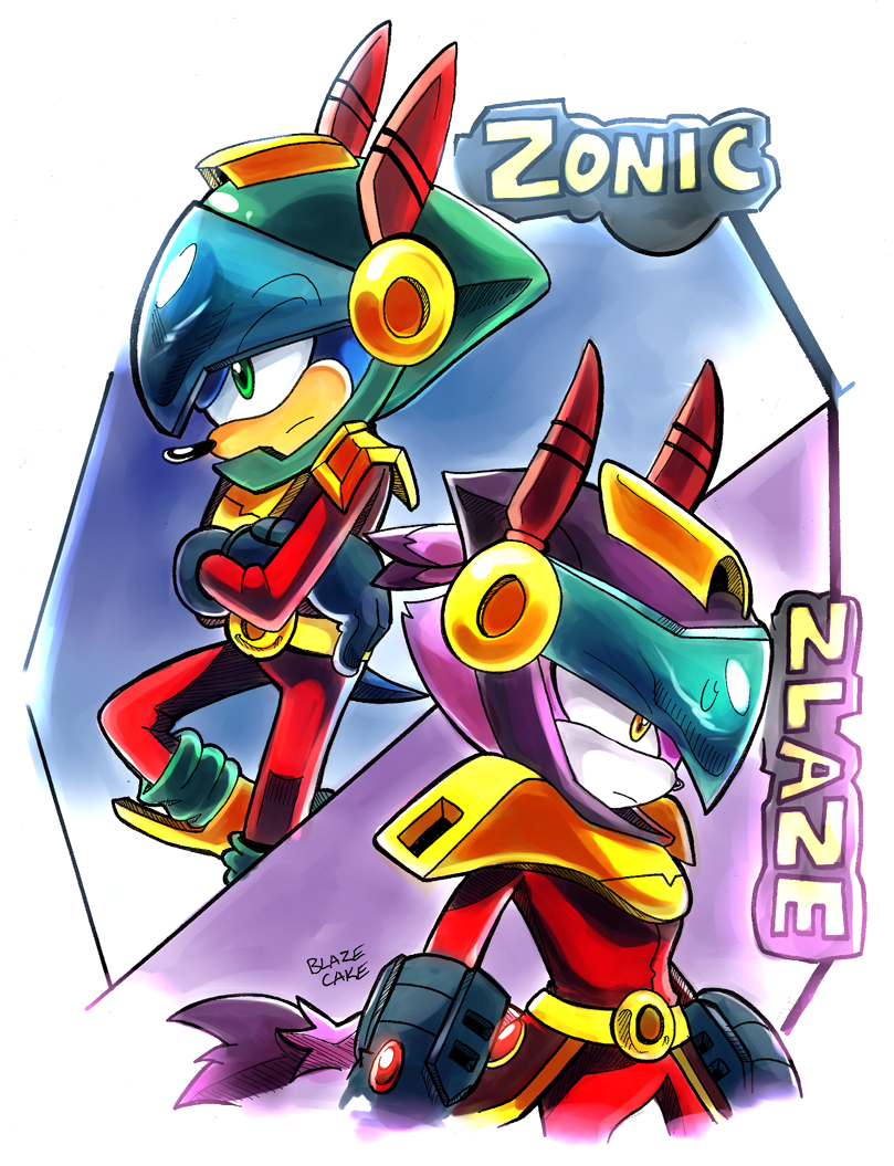 anthro duo female male blazecake archie_comics sega sonic_the_hedgehog_(archie) sonic_the_hedgehog_(comics) sonic_the_hedgehog_(series) blaze_the_cat zonic_the_zone_cop domestic_cat eulipotyphlan felid feline felis hedgehog mammal