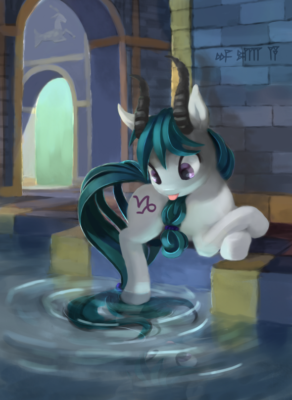 brick brick_wall crossed_hooves cuneiform cutie_mark hair horn inside male purple_eyes reflection shadow solo swimming_pool teal_hair text tile tongue tongue_out wall_(structure) water water_ripple water_ripples bakuel hasbro my_little_pony fan_character capricorn equid equine horse hybrid mammal pony 2018 digital_media_(artwork) digital_painting_(artwork) full-length_portrait painting_(artwork) portrait