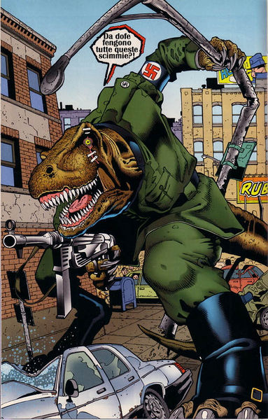 4_fingers anthro bandage car city clothing fingers group gun macro male military_uniform mp_40 nazi open_mouth outside ranged_weapon scar snout solo_focus speech_bubble stomping submachine_gun tail text uniform vehicle weapon what yellow_eyes unknown_artist major_bummer tyrannosaurus_reich dinosaur prehistoric_species reptile scalie german_text translated