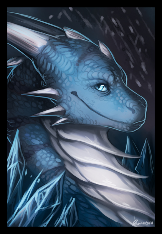 ambiguous_form ambiguous_gender black_border blue_body blue_eyes blue_scales border horn ice looking_away multicolored_body multicolored_scales scales side_view smile solo spikes two_tone_body two_tone_scales white_body white_horn white_scales quirachen mythology glacius_draconian dragon mythological_creature mythological_scalie scalie 2017 digital_media_(artwork) digital_painting_(artwork) headshot_portrait portrait signature