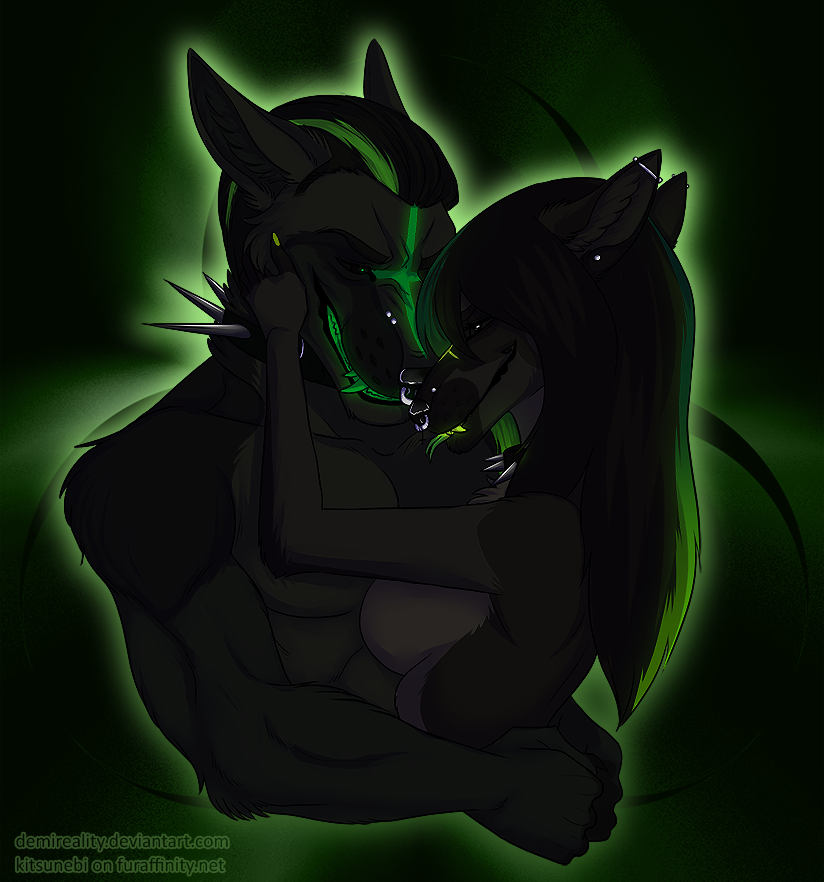 anthro black_body black_collar black_ears black_fur black_hair black_inner_ear_fluff black_nose breasts collar duo facial_piercing fangs featureless_breasts female fur glistening glistening_nose green_hair green_teeth green_tongue grey_body grey_fur hair inner_ear_fluff male male/female nose_piercing nose_ring piercing ring_piercing spiked_collar spikes teeth text tongue tongue_out tuft demireality canid canine mammal url