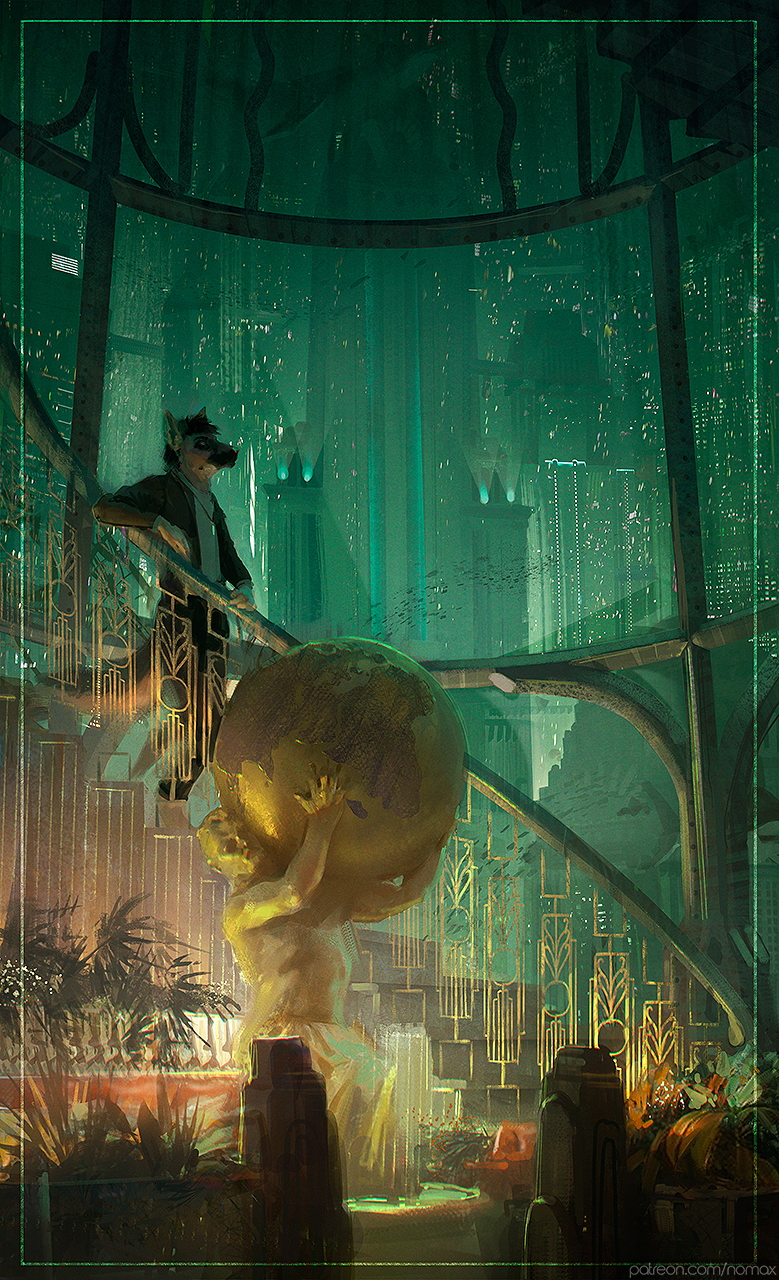 anthro art_deco biped city city_background clothed clothing detailed_background fur hair male night outside solo standing text underwater underwater_city underwater_scenery water nomax 2k_games bioshock canid canine canis mammal 2021 detailed digital_media_(artwork) digital_painting_(artwork) english_text hi_res painting_(artwork) url