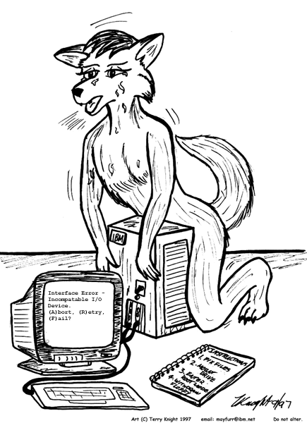 anthro bodily_fluids claws computer computer_monitor computer_tower crt_monitor electronics feet fur hair hindpaw humping_object keyboard male notebook nude object_penetrated open_mouth paws simple_background solo sweat tail text toe_claws tongue white_background mayfurr_(artist) ibm canid canine mammal 1997 black_and_white dated english_text monochrome pen_(artwork) signature traditional_media_(artwork)