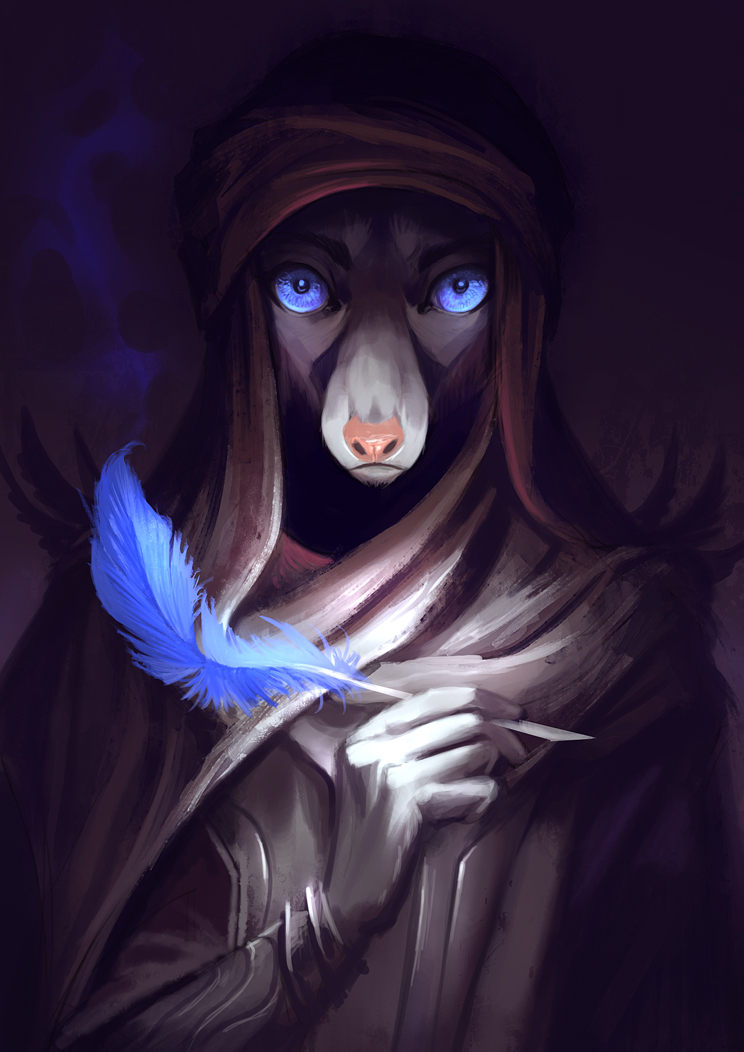 ambiguous_gender anthro blue_eyes clothing headgear headwear looking_at_viewer loose_feather quill solo alectorfencer unknown_species 2014