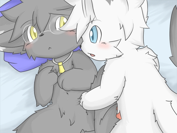 anthro bangs bed blue_eyes blush duo eyewear fluffy fluffy_tail fur furniture glasses grey_body grey_fur imminent_sex jewelry male male/male necklace nude pillow tail white_body white_fur yellow_eyes itameshi tail_tale yaminabe_aries lick_zack nap_zack domestic_cat felid feline felis mammal 4:3 brother_(lore) brothers_(lore) incest_(lore) sibling_(lore)