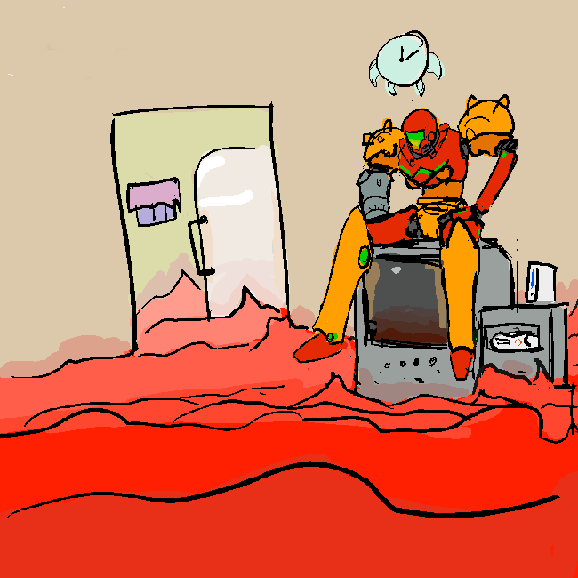 appliance armor electronics female fridge game_console gun kitchen_appliance lava machine nintendo_console not_furry power_armor ranged_weapon red_ring_of_death solo varia_suit weapon wii_console xbox_360_console xbox_console hornedrat metroid microsoft nintendo wii xbox xbox_360 xbox_game_studios samus_aran alien human mammal metroid_(species) 1:1