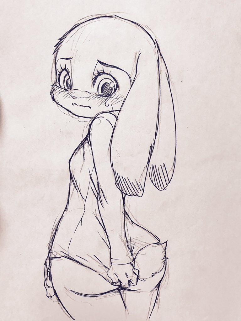 anthro big_butt blush breasts butt clothed clothing covering covering_butt ears_down embarrassed female fur looking_back looking_down panties partially_clothed pivoted_ears pulling_shirt_down rear_view shirt simple_background small_breasts solo topwear underwear white_background wide_hips dogear218 disney zootopia judy_hopps lagomorph leporid mammal rabbit 3:4 black_and_white monochrome sketch