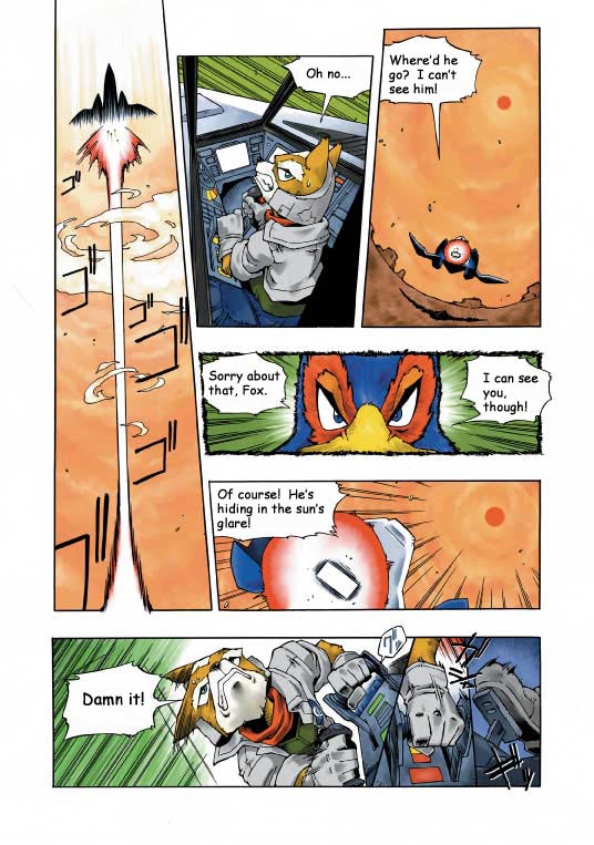 anthro arwing clothing dialogue duo group male text shigehisa_nakaue nintendo star_fox falco_lombardi fox_mccloud avian bird canid canine fox mammal 2002 comic english_text japanese_text official_art