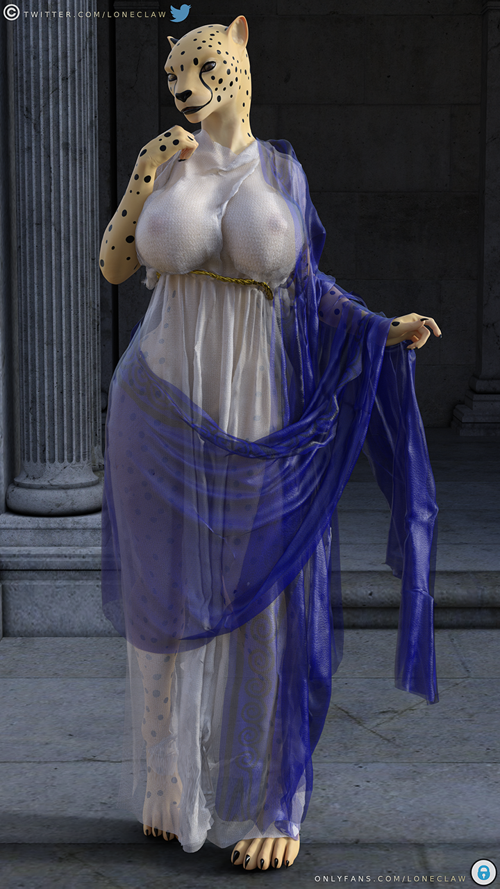 5_toes alternate_timeline alternate_universe ancient ancient_rome anthro areola barefoot big_breasts breasts claws clothing feet female genetic_engineering huge_breasts nipples roman rome shirt silk solo toes topwear translucent translucent_clothing tunic loneclaw cheetah felid feline mammal 3d_(artwork) 9:16 digital_media_(artwork) hi_res