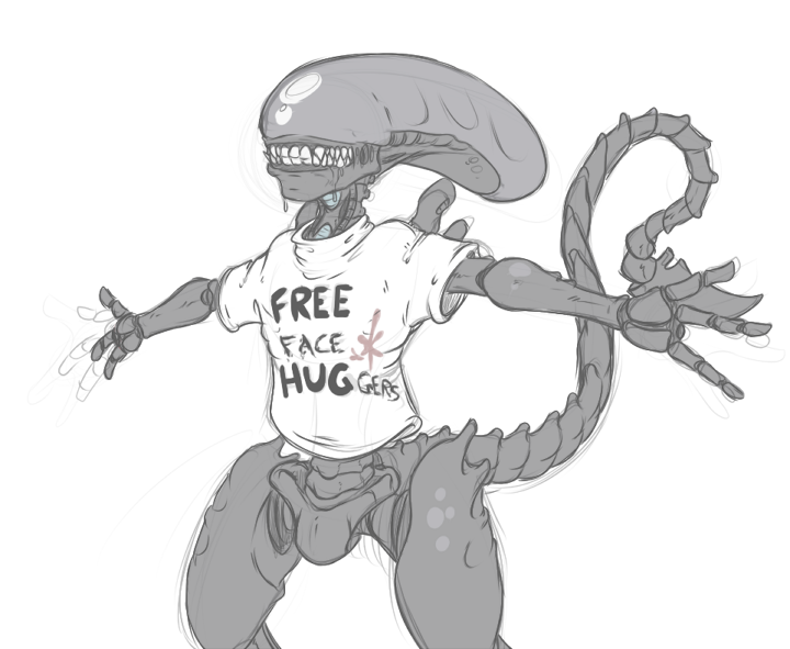 bodily_fluids bottomless clothed clothing drooling male not_furry saliva smile solo standing teeth text dannyg alien_(franchise) alien xenomorph english_text greyscale monochrome sketch