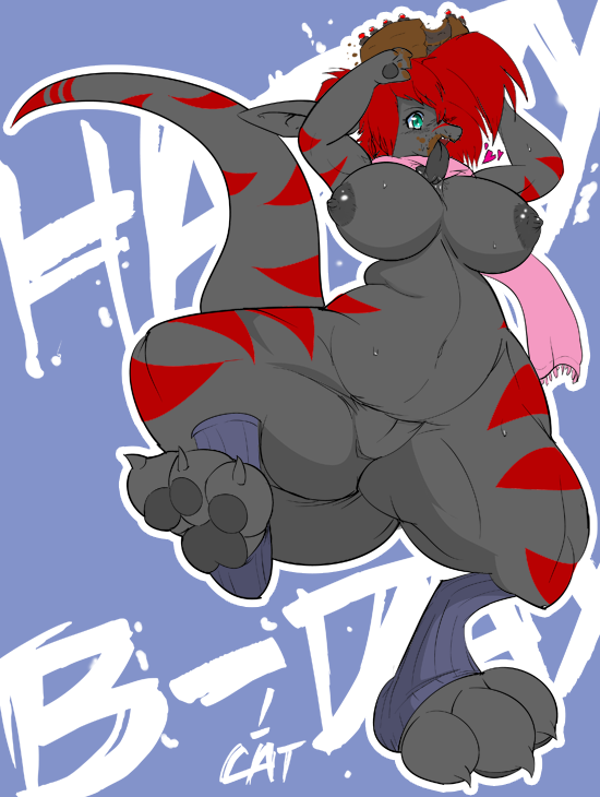 anthro big_breasts breasts cake clothing dessert female food genitals green_eyes hair heart_symbol huge_breasts leg_warmers legwear licking long_tail messy nipples non-mammal_breasts non-mammal_nipples overweight overweight_anthro overweight_female pussy red_hair scarf solo spread_legs spreading tail tongue tongue_out cautioncat pantsuneko mythology quiggles dragon lizard mythological_creature mythological_scalie reptile scalie