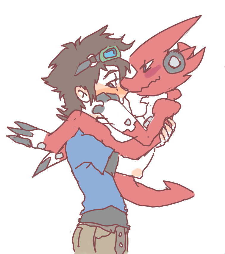 ambiguous_gender blush duo eyewear glasses kissing looking_away male male/ambiguous simple_background white_background clocky_(artist) bandai_namco digimon digimon_fusion digimon_xros_wars taiki_kudou digimon_(species) human mammal shoutmon