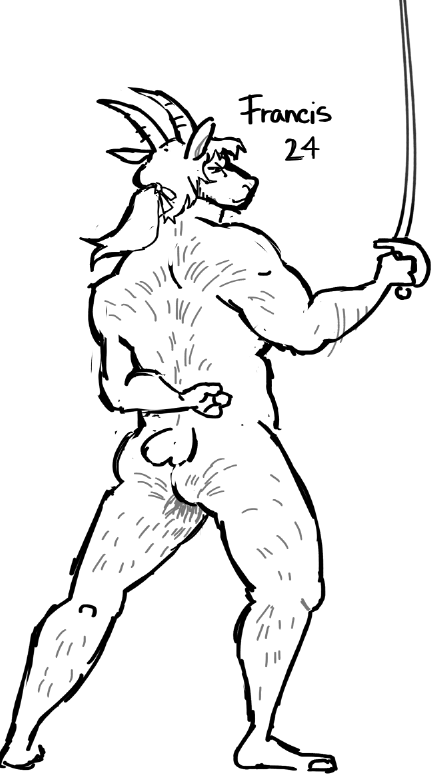 2_horns 3_fingers accessory anthro bangs bent_arm black_eyes butt closed_smile fencing fingers goat_tail hair hair_accessory hair_tie half-closed_eyes hand_behind_back holding_melee_weapon holding_object holding_sword holding_weapon hooved_fingers hooves horn male melee_weapon mouth_closed narrowed_eyes nude_anthro nude_male number ponytail simple_background slightly_chubby slightly_chubby_anthro slightly_chubby_male smile solo standing sword tail text weapon white_background white_hair white_horn flockdog francis_gregory_coque alpine_ibex bovid caprine goat ibex mammal 2024 character_name digital_media_(artwork) line_art monochrome