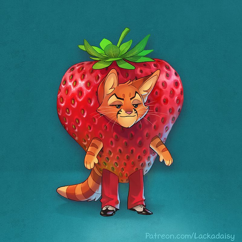 anthro bottomwear clothing costume food food_costume fruit fur male orange_body orange_fur pants plant solo standing strawberry strawberry_costume stripes tail whiskers tracy_j._butler lackadaisy dorian_zibowski domestic_cat felid feline felis mammal 2024