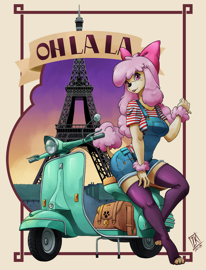 anthro bag banner bow_(feature) clothed clothing eiffel_tower female freckles fully_clothed legwear motor_scooter motor_vehicle overalls solo speech_scroll vehicle zwitterkitsune real_world canid canine canis domestic_dog mammal poodle 2018 digital_media_(artwork) signature