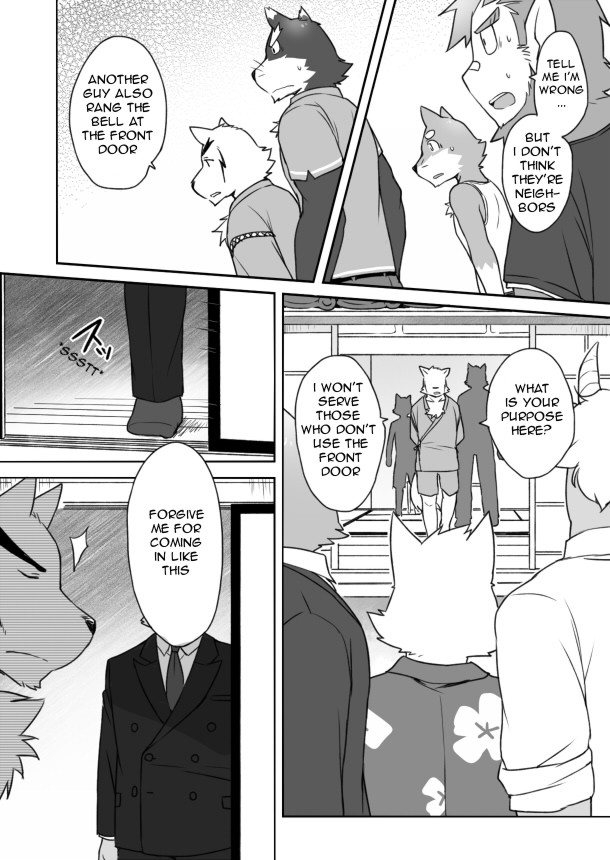 anthro clothing dialogue male text cotton_(artist) tooboe_bookmark natsume_(tooboe_bookmark) nitobe noguchi sadasaka_usui stephen_mcguffin canid canine canis domestic_dog haplorhine mammal monkey primate comic english_text monochrome