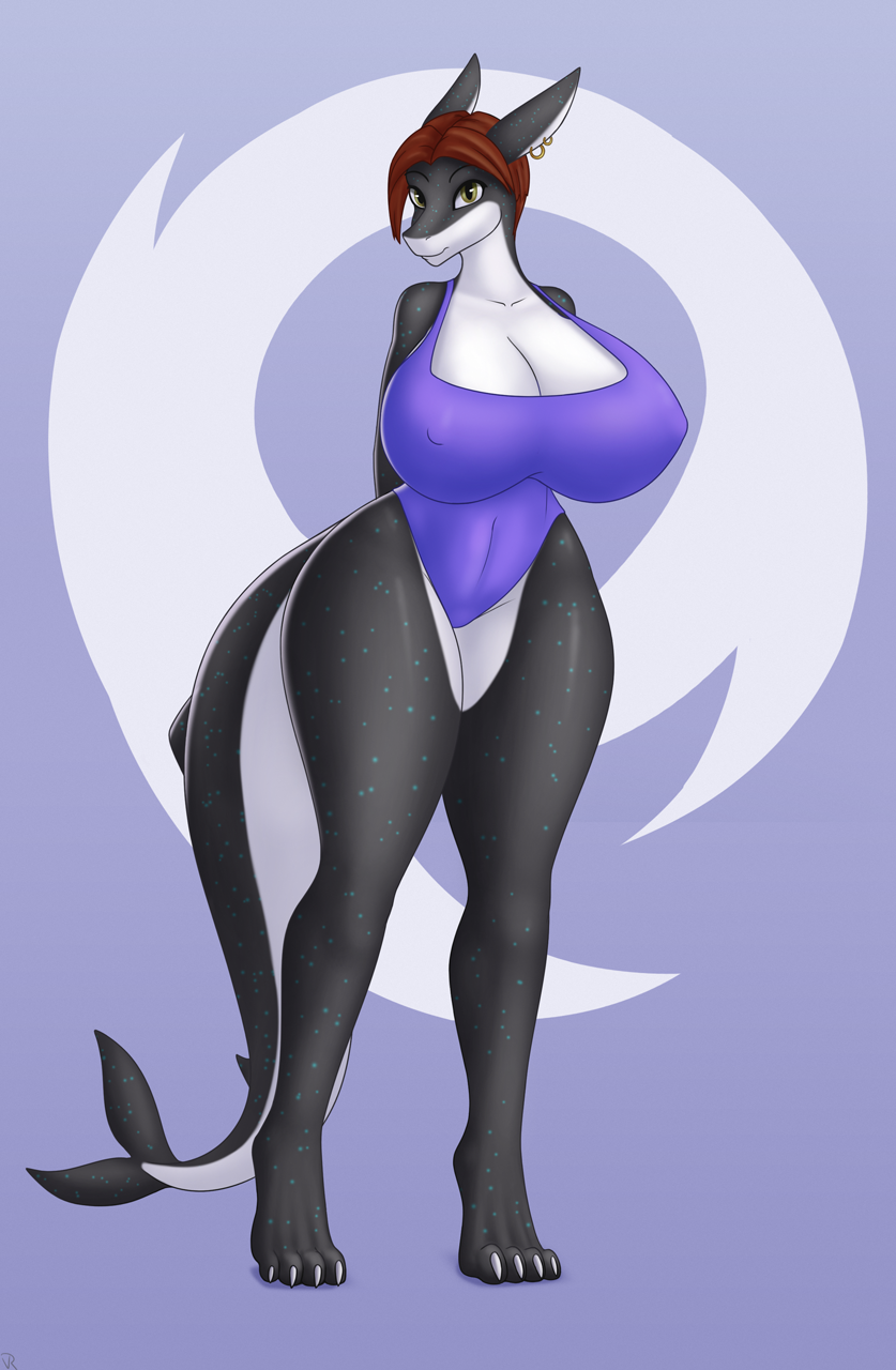 anthro big_breasts breasts clothing ear_piercing ear_ring female non-mammal_breasts one-piece_swimsuit piercing ring_piercing solo swimwear thick_thighs wide_hips r-rova fish marine shark hi_res