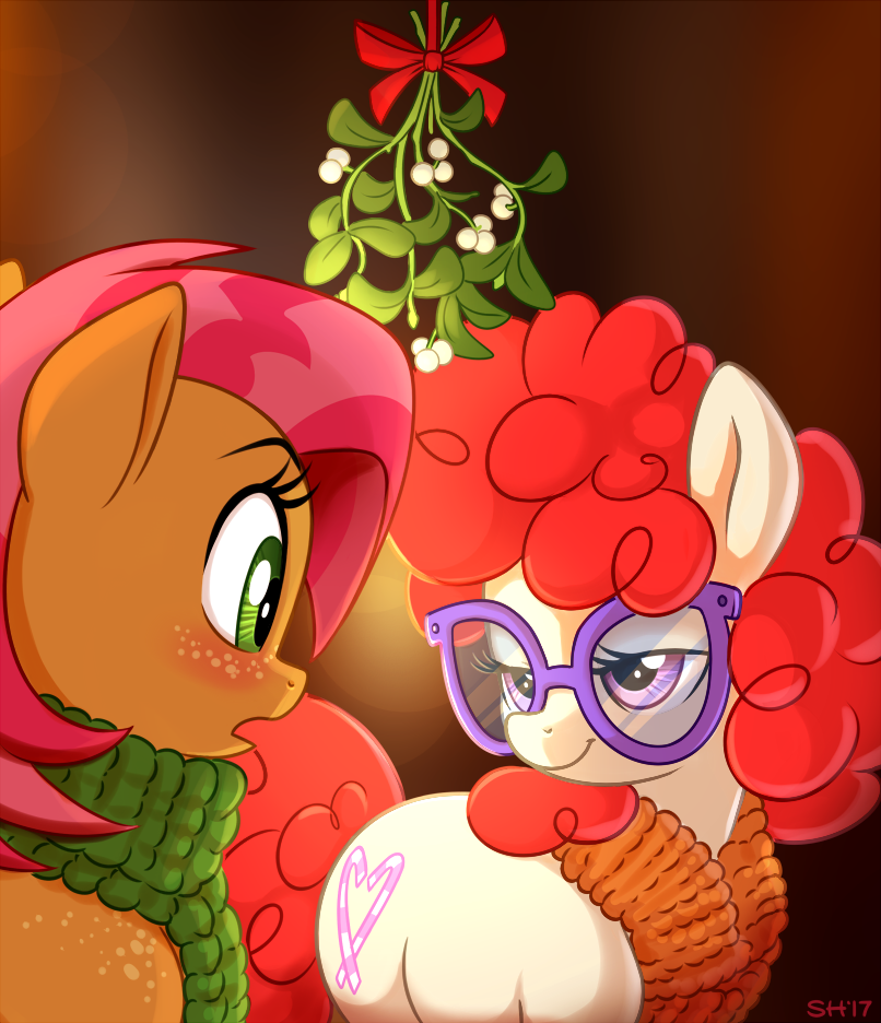 bedroom_eyes blush brown_body cutie_mark duo eyelashes female female/female feral freckles green_eyes hair kissing_bough mistletoe narrowed_eyes orange_scarf plant purple_eyes red_hair scarf seductive smile white_body sorc friendship_is_magic hasbro my_little_pony babs_seed_(mlp) twist_(mlp) equid equine mammal 2017 digital_drawing_(artwork) digital_media_(artwork)