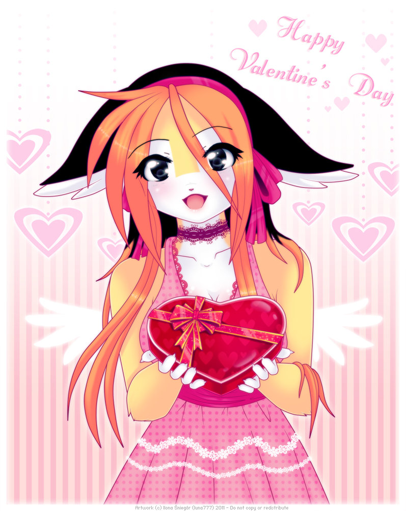 anthro big_ears black_eyes clothing dress embroidery feathered_wings feathers female gift hair heart_symbol holidays jewelry lace long_hair necklace pink_clothing ribbons smile solo text wings luna777 valentine's_day taratsu_(character) moondog english_text