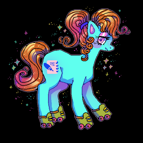 black_background blue_body blush brown_hair cutie_mark eyelashes eyeshadow feet female female_feral feral hair iridescent iridescent_hair iridescent_mane iridescent_tail makeup outline pink_eyes ponytail quad_skates quadruped roller_skates simple_background solo sparkles standing tail suippupupu hasbro mlp_g1 my_little_pony my_little_pony_tales bright_eyes_(mlp) equid equine horse mammal pony 1:1 2021 aliasing digital_media_(artwork) low_res shaded