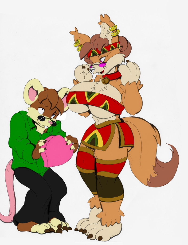 anthro big_breasts breasts clothed clothing duo eyewear female glasses heart_symbol holidays male tail milkie rabid milkjunkie valentine's_day kimmy milkie_souris canid canine fennec_fox fox mammal mouse murid murine rodent true_fox