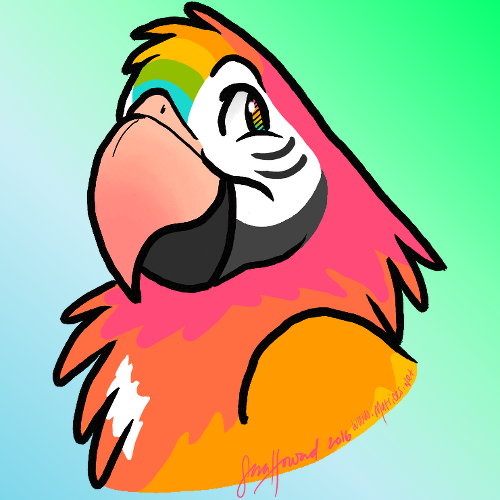 ambiguous_gender beak eyebrows feathers feral gradient_background multicolored_body multicolored_eyes multicolored_feathers pink_beak rainbow_body rainbow_eyes rainbow_feathers simple_background smile solo text matrices_(artist) avian bird macaw neotropical_parrot parrot true_parrot 1:1 2016 bust_portrait digital_drawing_(artwork) digital_media_(artwork) flat_colors low_res portrait signature url