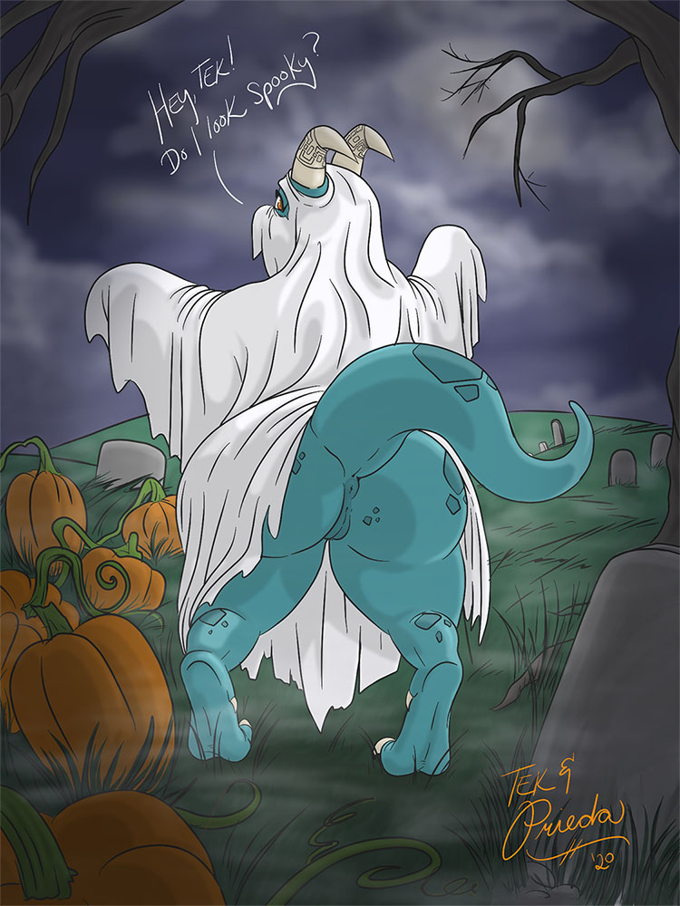 anthro anus bedsheet_ghost butt cemetery clothing costume female fog food fruit genitals holidays horn name_drop oblivious plant pumpkin pussy raised_tail solo tail text thick_thighs tombstone tree tekandprieda_(artist) halloween the_rune_tapper gimmick_(tekandprieda) ghost kobold reptile scalie spirit 3:4 english_text