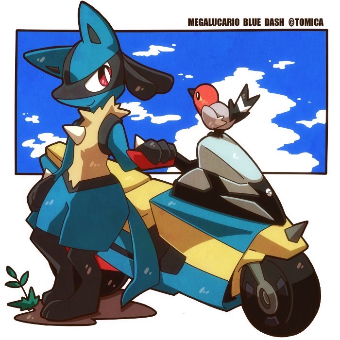 ambiguous_gender anthro blue_body blue_fur duo fur motorcycle red_eyes semi-anthro simple_background text vehicle white_background yellow_body yellow_fur tomica nintendo pokemon canid canine fletchling generation_4_pokemon generation_6_pokemon lucario mammal pokemon_(species) 1:1 english_text