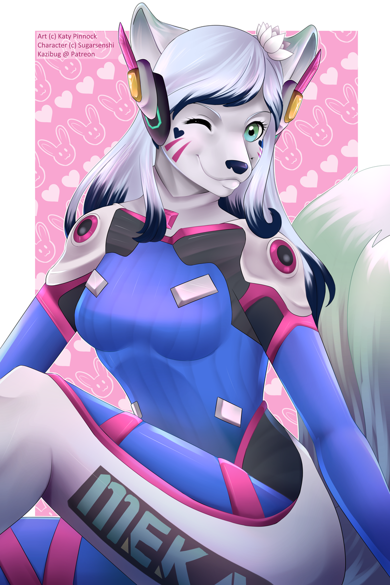 anthro blue_nose clothed clothing cosplay eyelashes female green_eyes hair one_eye_closed smile white_hair kazibug blizzard_entertainment overwatch d.va_(overwatch) canid canine mammal 2:3 digital_media_(artwork) hi_res