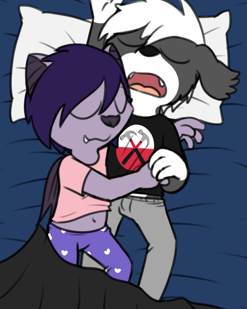 anthro bed clothed clothing cuddling duo female fur furniture hair male young young_anthro young_on_young pokefound da_silva mattie_(pokefound) pink_(pink) bat border_collie canid canine canis collie domestic_dog herding_dog mammal megabat pastoral_dog sheepdog 4:5 brother_(lore) brother_and_sister_(lore) sibling_(lore) sister_(lore)