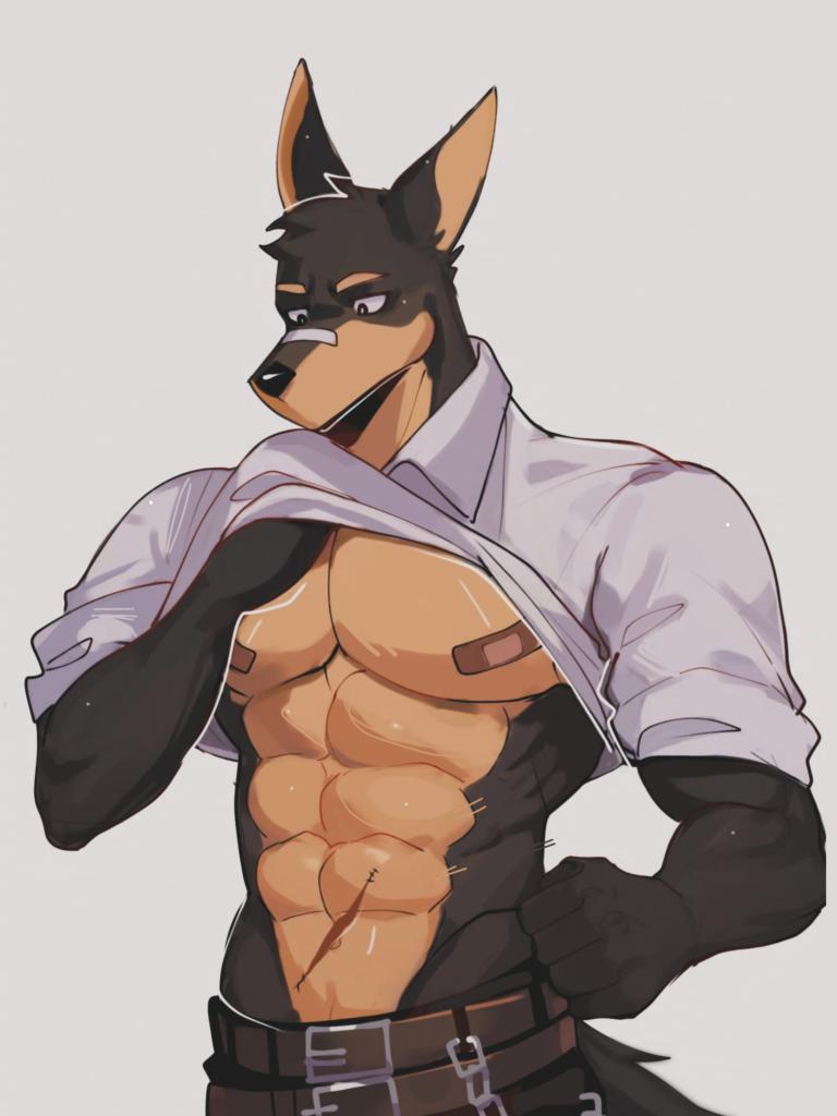 anthro bandage bandage_on_face bandage_on_nipple barazoku belt chain clothed clothing male multicolored_body muscular muscular_anthro muscular_male pecs raised_clothing raised_shirt raised_topwear scar shirt solo topwear yukayuka1346 canid canine canis dobermann domestic_dog mammal pinscher 2024 3:4 digital_media_(artwork)