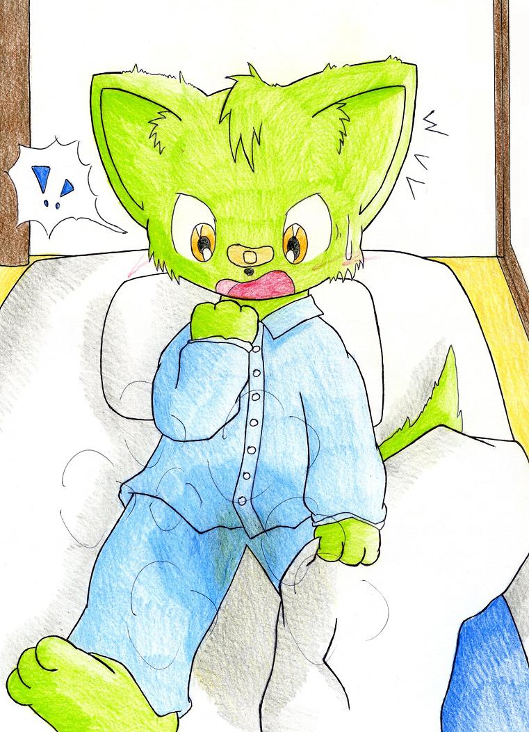 anthro bandage bed bed_sheet bedding bedwetting biped bodily_fluids clothing exclamation_point fur furniture genital_fluids green_body green_fur lying male omorashi pajamas pillow shocked solo sweat urine watersports wetting young young_anthro gohami domestic_cat felid feline felis mammal