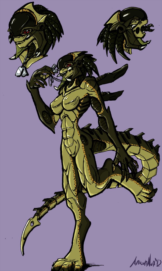 breasts female inner_mouth open_mouth purple_background red_eyes simple_background smile solo arawnnox janus_(artist) alien_(franchise) alien_vs._predator_(franchise) predator_(franchise) fan_character alien alien_humanoid humanoid hybrid predalien xenomorph yautja